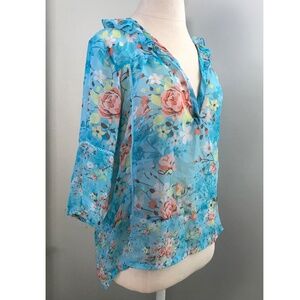 Selena Gomez Dream Out Loud Feminine Teal Floral Ruffle Top Blouse Size Large